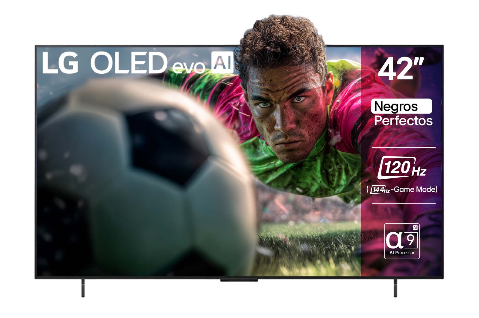 Vista de frente de la Smart TV LG OLED evo AI C5 4K. El emblema “OLED, número 1 del mundo durante 12 años” y el logotipo de LG OLED evo AI 2025 aparecen en la pantalla.